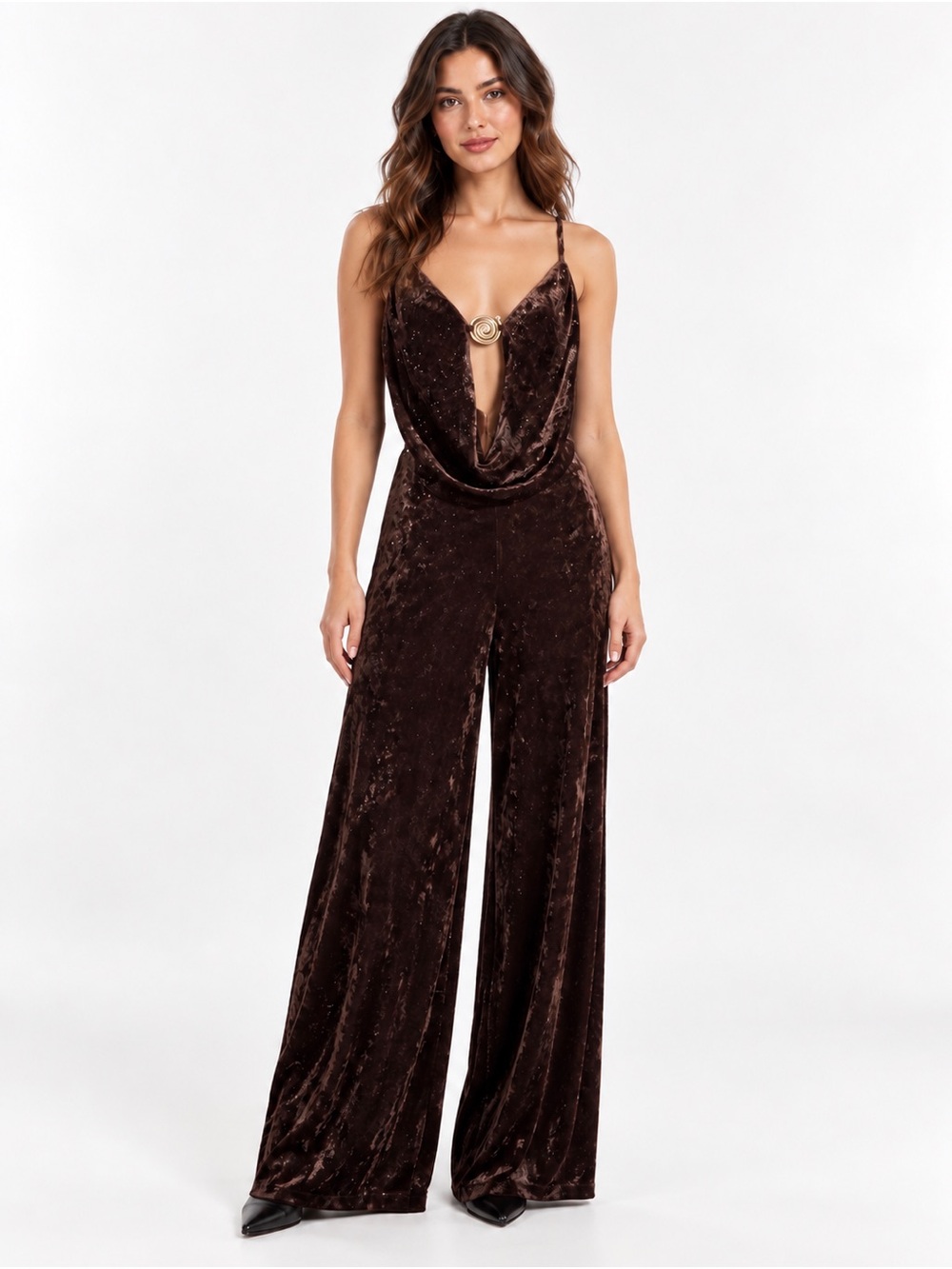 AKIRA Chocolate Velvet Cowl Ring-Front Jumpsuit - Picture 2 of 9